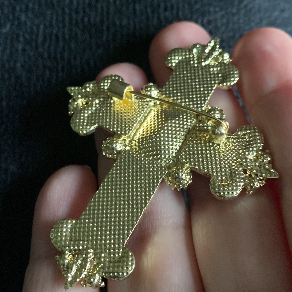 Goldtone Cross Brooch Iridescent Vintage Style Medieval French Style - Picture 4 of 4